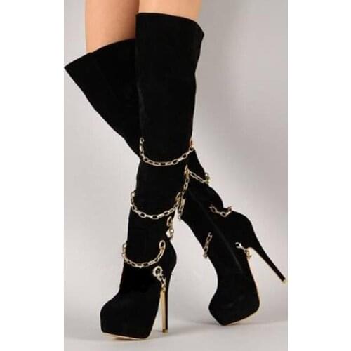 GOOGLORON NEW,Womens boots, womens black high-heel over-the-knee boots, gold chain on boot barrel, 16CM sexy boots