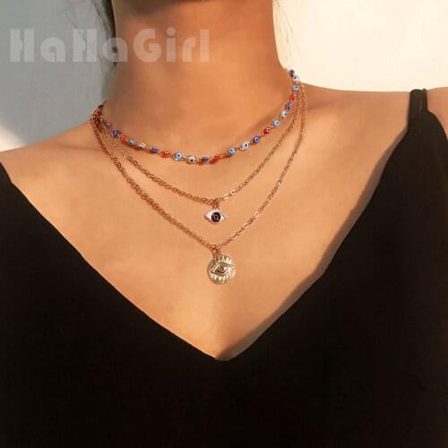 HaHaGirl Fashion Turkish Evil Eyes Multilayer Necklaces For Women Bohemian Devil Pendant Necklaces Choker Beads Party Jewelry