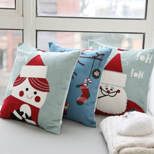 Sky Blue Cotton Santa Embroidery Cushion Cover Snowflake Tree Elk Christmas Decoration Pillows Cover Home Sofa Pillowcase