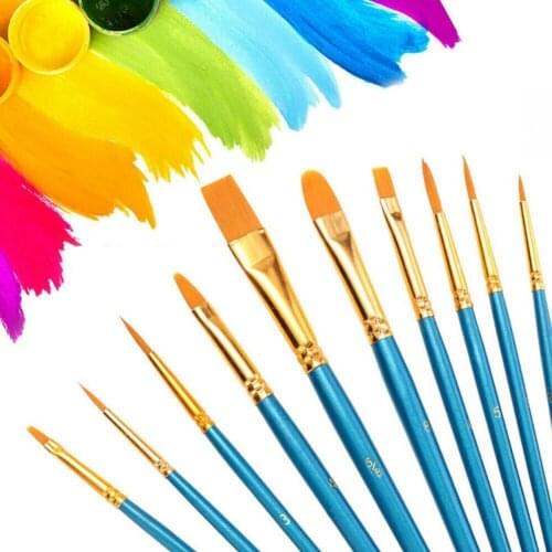 10Pcs/Set Watercolor Gouache Paint Brushes Different Shape Round Pointed Tip Nylon Hair Painting Brush Set Art Supplies
