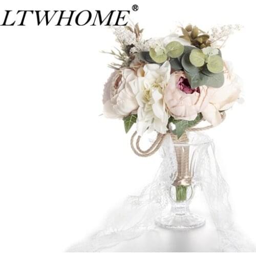 LTWHOME AFWP Artificial Flowers Silk Peony Bouquet with Leaves for Home Hotel Wedding Decoration
