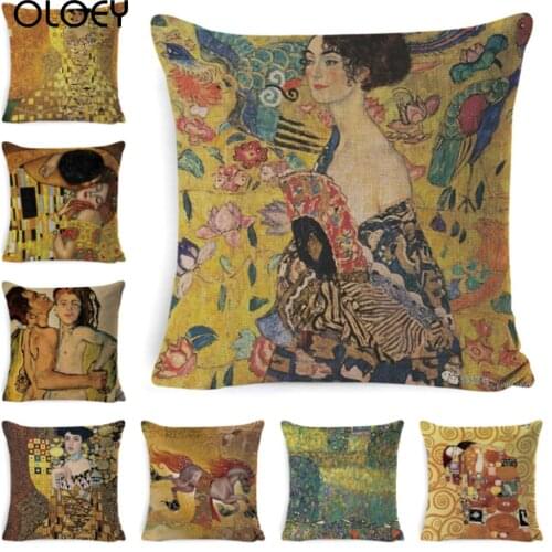 Gustav Klimt Oil Painting Pillow Cover Gold Pattern Cushion Cover Cotton Linen Decorative Throw Pillowcase For Home 45*45 CM