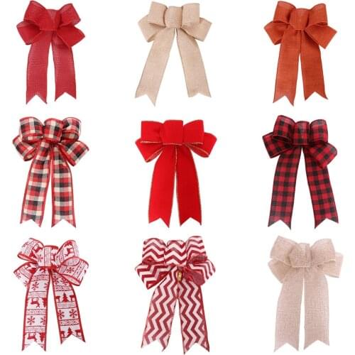 New 24*19cm 5ears DIY Bow Bowkont Crafts Linen Ribbon Bow Christmas Decoration Christmas Tree Decor Lattice Stripe Bow