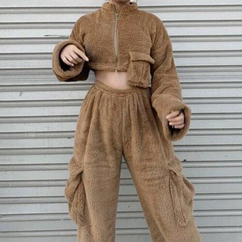 Leisure Long Sleeve Plush Suit Winter Autumn Women Jogging Pants Zipper Tops Tracksuit Soft Casual Sets Outwear