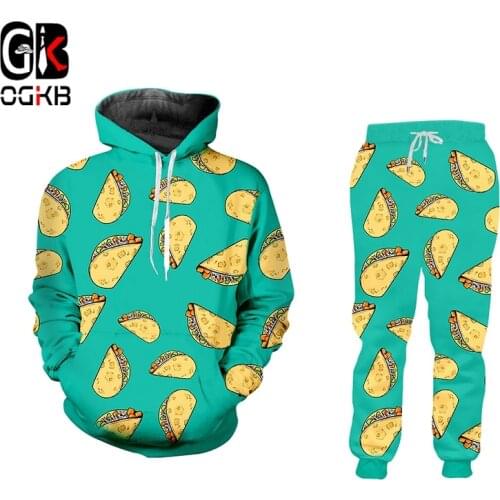 OGKB 3D Set Printed Hamburger Bread Tops And Pants Two-piece Suit For Men And Women Fitness And Casual Sportswear Dropshipping