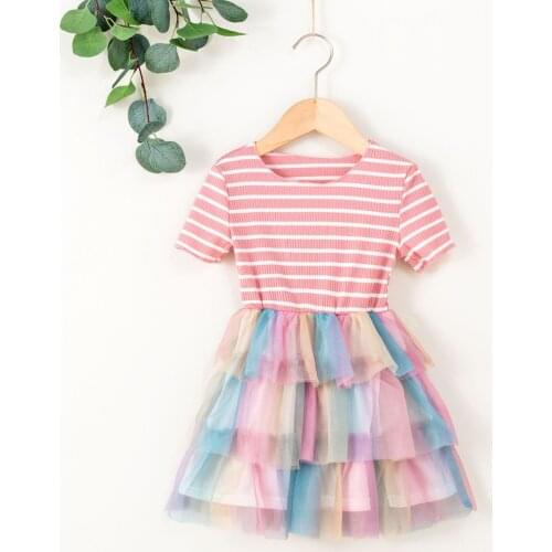 Toddler Baby Girl Casual Short Sleeve Dress Fashion Stripe Mesh Yarn Stitching Pleated A-line Short Dress Infant Summer Outfits