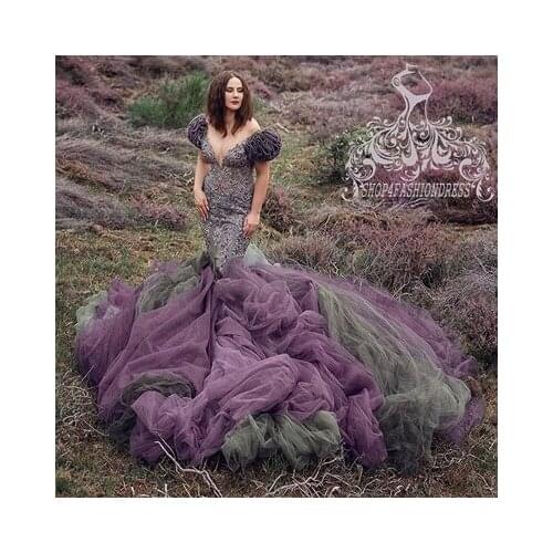 Real Image Puffy Tiered Tulle Colorful Evening Dress Luxury Crystals Beads Prom Gowns V Neck Pageant Gown Vestido De Fiesta