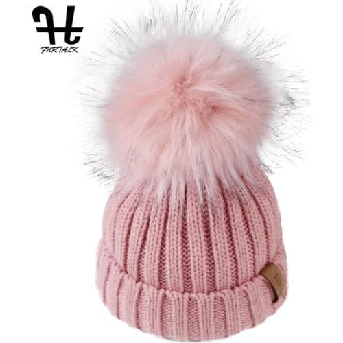 FURTALK Kids Winter Hat Beanie Hat Toddler Boys Girls Knit Faux Fur Pom Pom Hat Age1-10 Years Baby Child Winter Cotton Lined Cap