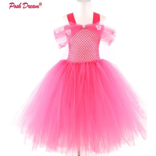 POSH DREAM Hot Pink Flower Princess Girls Tutu Dresses Butterfly Pearls Elegant Kids Girls Flower Wedding Clothes Girls Dresses