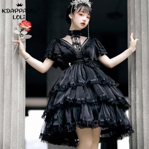 Fairy Lolita OP Dress Sweet Girls Cute Teens Short Sleeve Knee Length Solid Color Bow Lace Ruffle Gauze Net Yarn Black White New