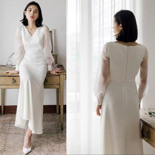 Long Sleeve Wedding Dresses V Neck Bride Dress Cheap Long Beach Sheath Column Bridal Gown Custom Made