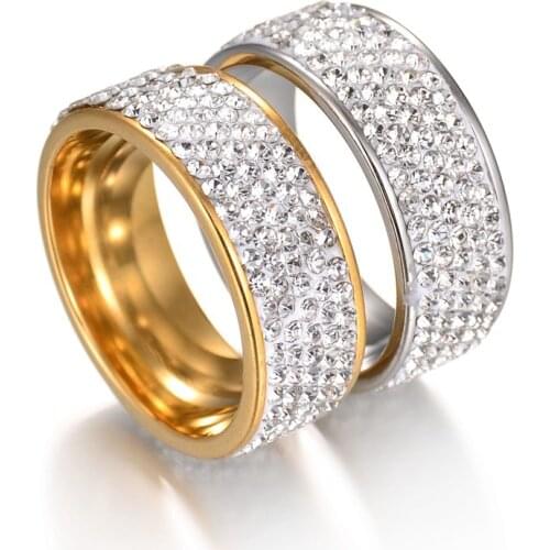 Hip Hop Iced Out Full CZ Bling Rings For Women Men Gold Color Stainless Steel Lovers Couple Wedding Rings Fashion Jewelry 2021