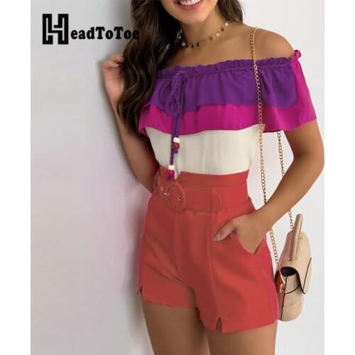 Clorblock Ruffles Drawstring Top & Pocket Design Shorts Set Summer Women Two Piece Set