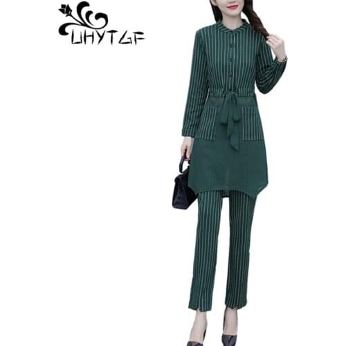 UHYTGF New Women Two Piece Set Korean Female Clothes Fashion Stripes Pullover 5XL Plus Size Tracksuit Ladies Overalls Suits 1522