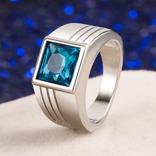 Concise Blue Zircon Topaz Diamonds Gemstones Rings for Men 18k White Gold Silver Color Bague Jewelry Wedding Finger Bands Trendy