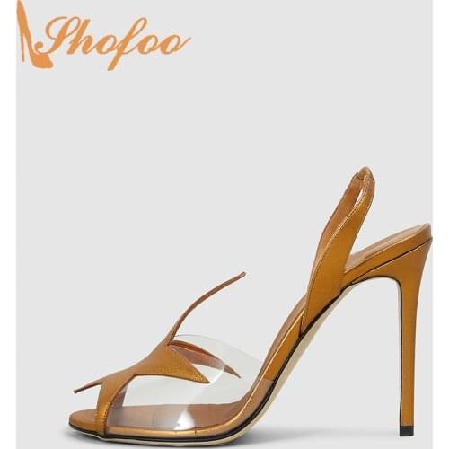 Brown Clear Patchwork Stilettos High Heels Women Pumps Open Toe Large Size 12 16 Ladies Summer Fashion Slingback Shoes Shofoo