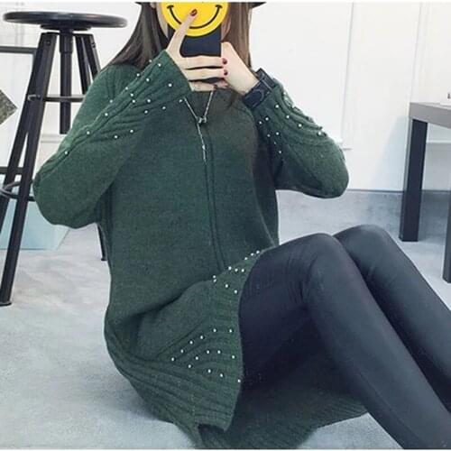 Women Half Turtleneck Sweater Tops Autumn Winter 2021 Beading Knit Split Hem Casual Warm Solid Loose Pullover Knitwear Plus size
