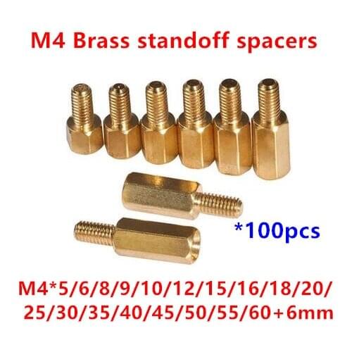 100pcs M4 Hex Brass standoff spacer Male to Female brass spacing screws pillar M4*5/6/8/10/12/15/20/22/25/30/40+6mm