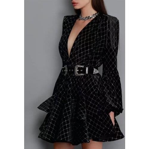 2021 Autumn Dress Fashion Design Women Geometric Printed Tassel Lantern Sleeve Ruffles Patchwork Sexy Party Dresses