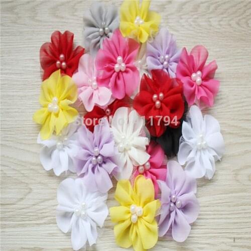 90 pcs/lot ,2.5'' Shabby chiffon Flower with Pearl for girls hair accessories headwear 18 colors