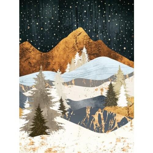 HD Abstract Canvas Winter Stars Tree Forest Golden Mountains Printing Wall Art Room Posters Wall Decor Landscape Painting Home