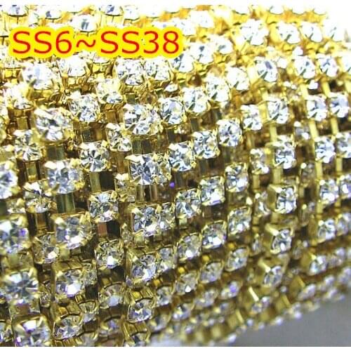 Free Shipping! SS20 20Yard Crystal Clear Per Roll Crystal Rhinestone Gold Base Cup Chain Crystal Color