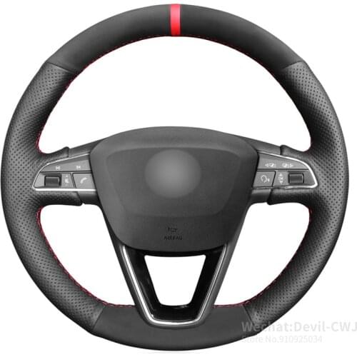Black Genuine Leather Suede Hand Sew Steering Wheel Cover for Seat Leon 2013-2020 Toledo 2014-2015 Arona 2017-2020