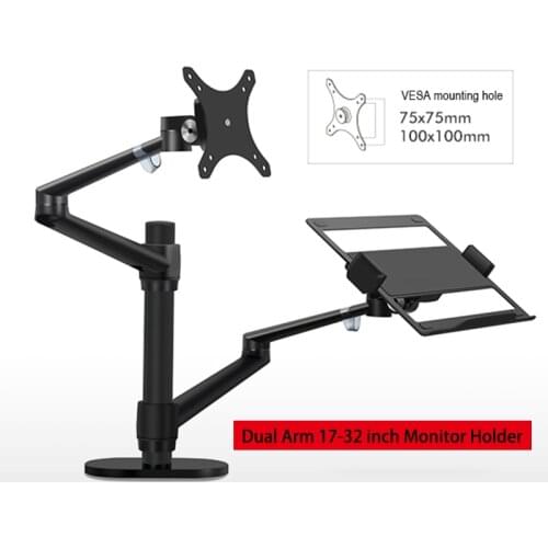 VESA Aluminum Height Adjustable Desktop Dual Arm 17-32 inch Monitor Holder+12-17 inch Laptop Holder Stand Full Motion Mount Arm