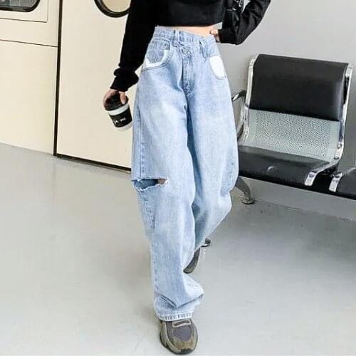 Jeans womens high waist loose straight trousers 2021 spring and autumn new wide-leg trousers with holes and floors