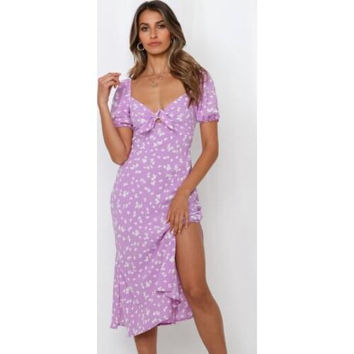 Ardm Elegant Square Neck Floral Print Purple Summer Dress Short Sleeve High Split Vintage Midi Dress Tie A Knot Party Dress