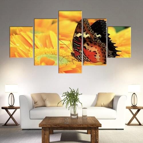 HD Prints 5 Panels Pictures Canvas Prints Flowers and butterflies Painting Wall Art For Living Room Home Decoration
