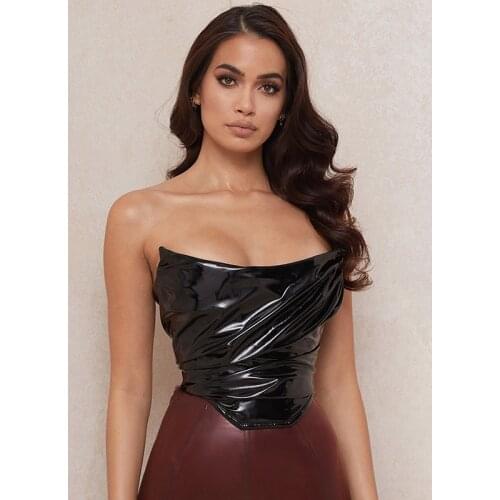 Leather Corset Top Y2k Stretch Zipper Top Strapless Ruched Crop Black Bustier Sleeveless Backless Outfits