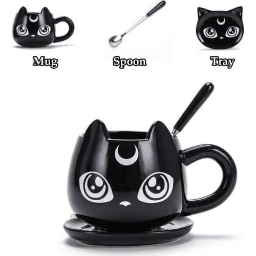 Creative Black Cat Ceramics Mugs Kids Breakfast Milk Cartoon Cups Office Afternoon Tea Coffee Mug With Tray