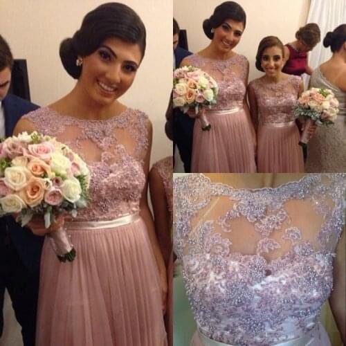 Best Selling Applique Beads Long Bridesmaid Dresses 2015 New Arrival Sheer Scoop A-Line Vestidos robe demoiselle d'honneur RG018