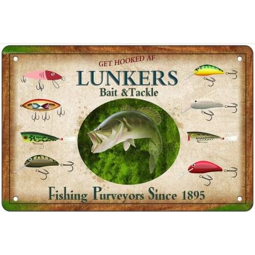 Metal Wall Card Fishing Tackle Bait Hardware Store Fishing Tackle Specialty Store Wall Decoration Retro Metal Sign 8X12 Inch