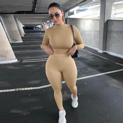 Skinny Two Piece Set Crop Tops High Waist Joggers Suit Solid Women Clothing 2021 Outfit Streetwear Sport Fashion Trouser Suits