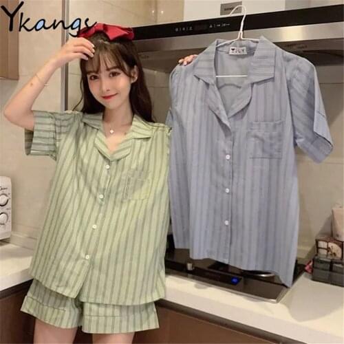 Pajamas For Women Summer Korean Sweet Sleepwear Girls Striped Lapel Home Clothes Kawaii Plus Size Loose Pijama Ladies Pyjama Set