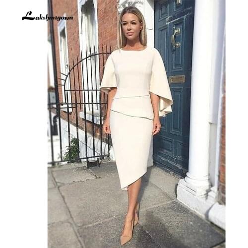 Half Sleeve with Tier Sheath / Column Mother of the Bride Dress Elegant Jewel Neck Knee Length Charmeuse 2020 Mother Dresses