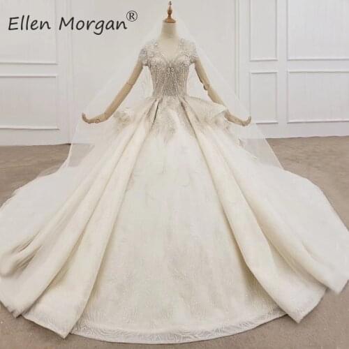 Luxury Princess Ball Gowns Wedding Dresses Cap Sleeves Beads Crystals Open Back Chinese Saudi Arabian Elegant for Bridal 2020