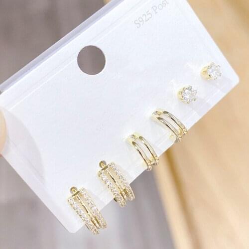 Showfay S925 Silver Three Pairs of Stud Earrings 14K Gold Pin Stud Earrings Gold Plated Micro Inlaid Zircon Jewelry for Women