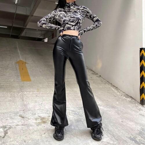 Streetwear Y2k Sweatpants Vintage PU Leather Wide Pants For Women Hot Aesthetic Black High Waist Harajuku Trouser Female