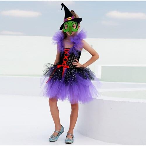 Girls Vampire Witch Costume Glitter Fairy Witch Tutu Dress Sparkly Kids Halloween Cosplay Costume Fancy Evil Devil Dress