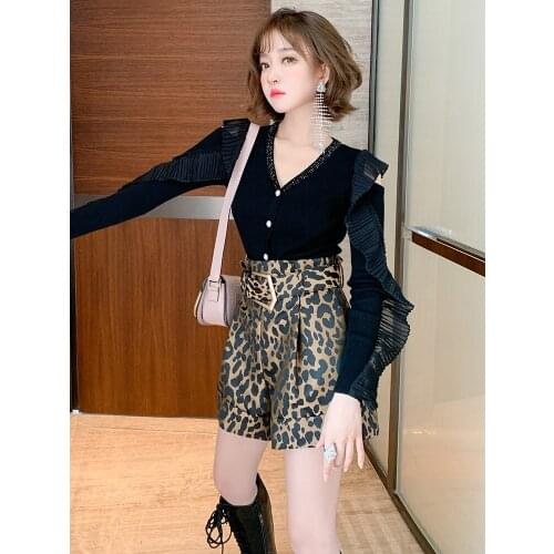 Sexy V-neck off-shoulder pleated ruffled beaded button sweater top women 2020 autumn and winter new