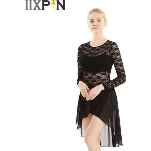 Asymmetric lyrical dance costumes ballet leotard for women Long Sleeve Floral Lace Chiffon Leotard Bodysuit Ballet Dance Dress