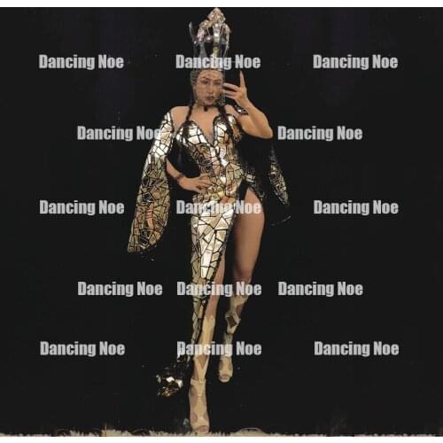 Lady Birthday Party Shiny Mirror Long Sleeve Dress Nightclub Festival Female Celebraty Singer Stage Sexy High Slit Skirt DWY5258