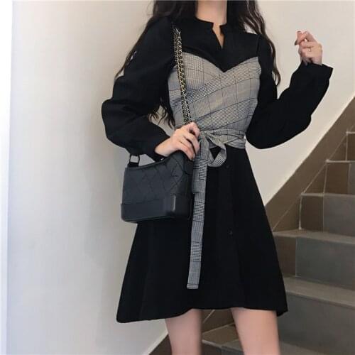 Women 2019 Fashion Fake Two Pieces Waisted Slim Dress Retro Long Shirt Dress Long Sleeve Patchwork A Line Mini Dress Vestidos