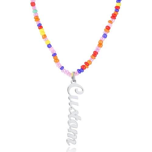 Women Custom Name Necklace Personalized Nameplate Stainless Steel Pendant Bead Chain Necklaces Jewelry