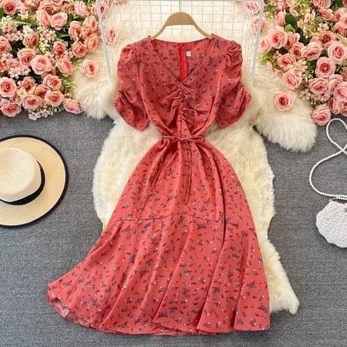 Autumn Women Floral Dress Vintage V-Neck Short Sleeve High Waist Casual Printed Vestidos Female Elegant Orange/Blue Robe 2021