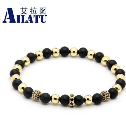 Ailatu Wholesale 10pcs/lot High Grade Jewelry 6mm Micro Inlay Black Zircons Lucky Cz Beads Bracelets with 6mm Matte Onyx Stone