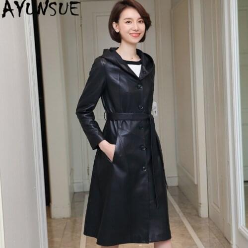 AYUNSUE 100% Real Sheepskin Coat Female Genuine Leather Jacket Long Trench Coats and Jackets Women Hooded Korean Outwear MY3709